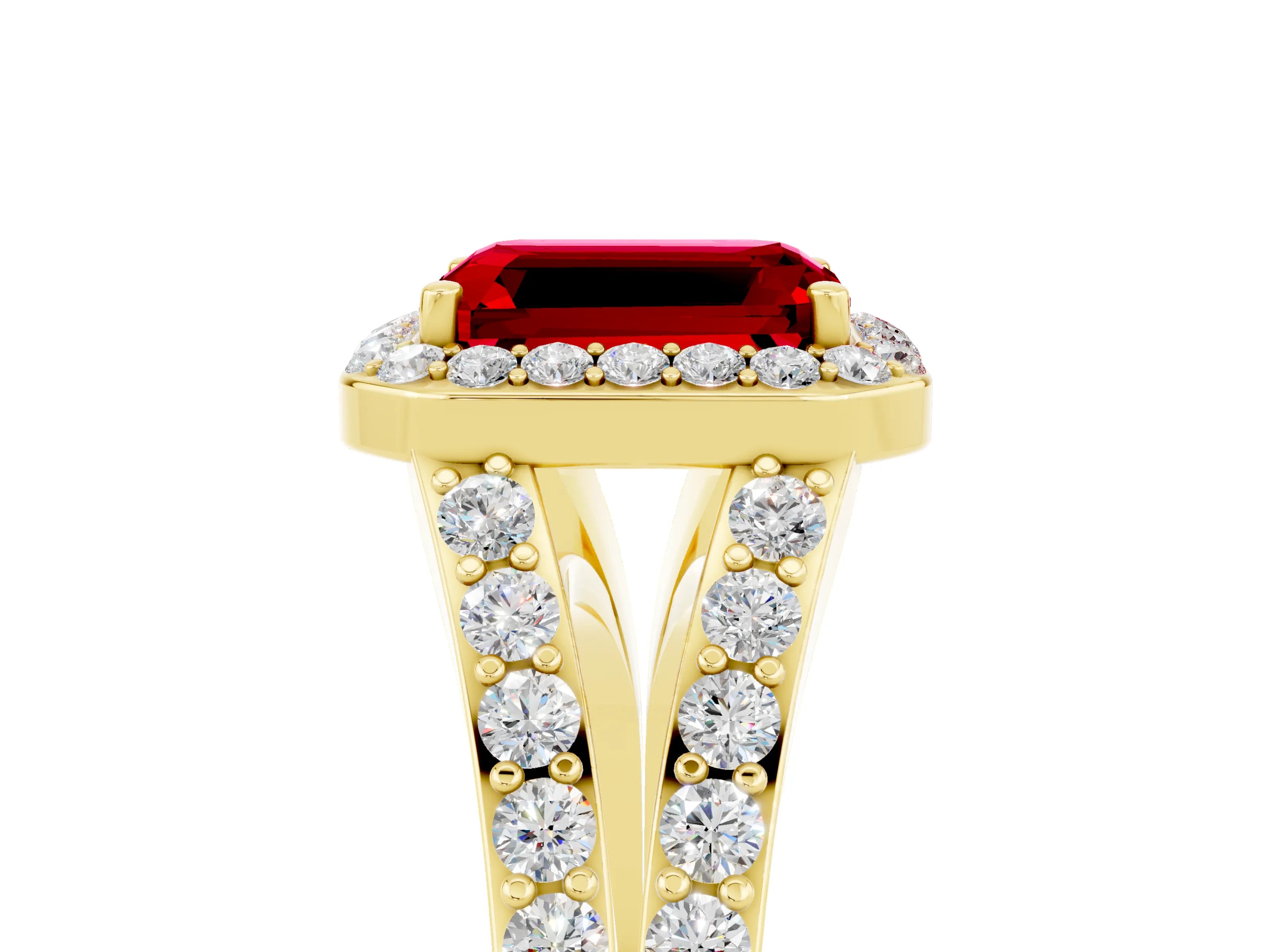 Yellow gold Emerald Cut Ruby Split Shank Halo Ring with Four-Prong Setting_17