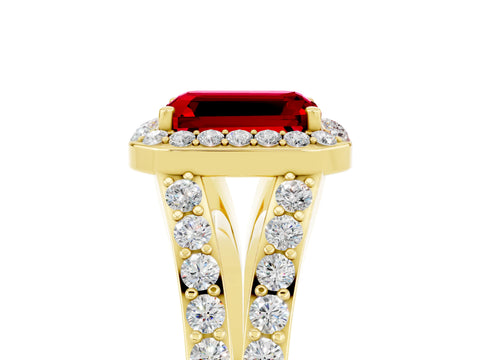 Yellow gold Emerald Cut Ruby Split Shank Halo Ring with Four-Prong Setting_17