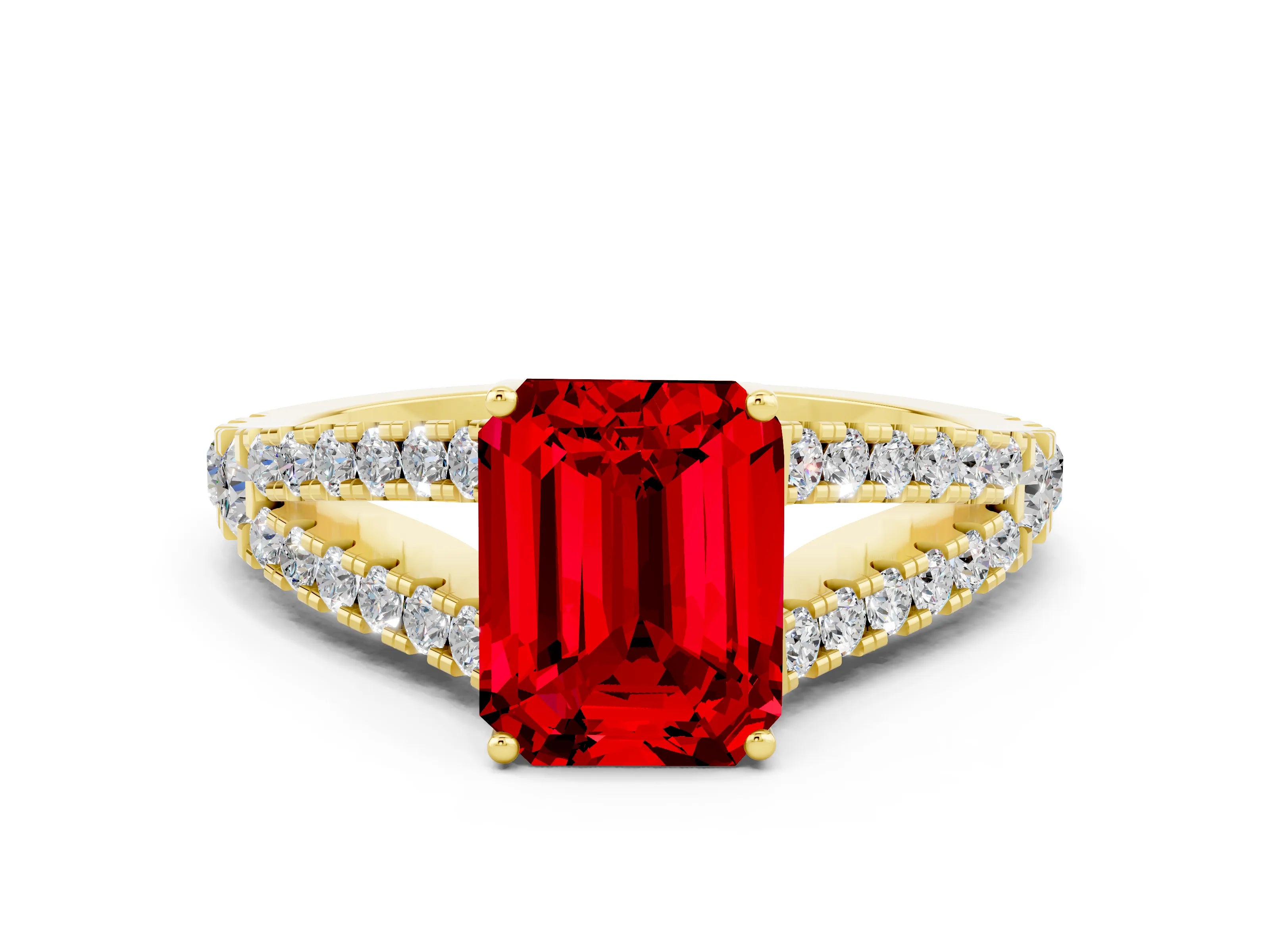 Yellow gold Emerald Cut Ruby Split Shank Pavé Engagement Ring with Four-Prong Setting_12