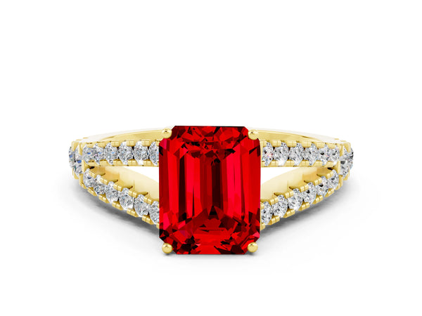 Yellow gold Emerald Cut Ruby Split Shank Pavé Engagement Ring with Four-Prong Setting