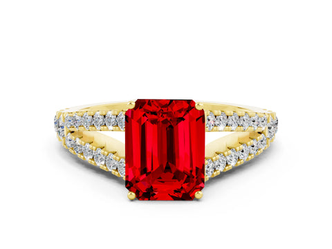 Yellow gold Emerald Cut Ruby Split Shank Pavé Engagement Ring with Four-Prong Setting_12