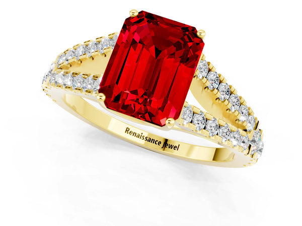 Yellow gold Emerald Cut Ruby Split Shank Pavé Engagement Ring with Four-Prong Setting