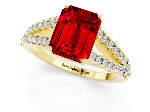 Yellow gold Emerald Cut Ruby Split Shank Pavé Engagement Ring with Four-Prong Setting_13