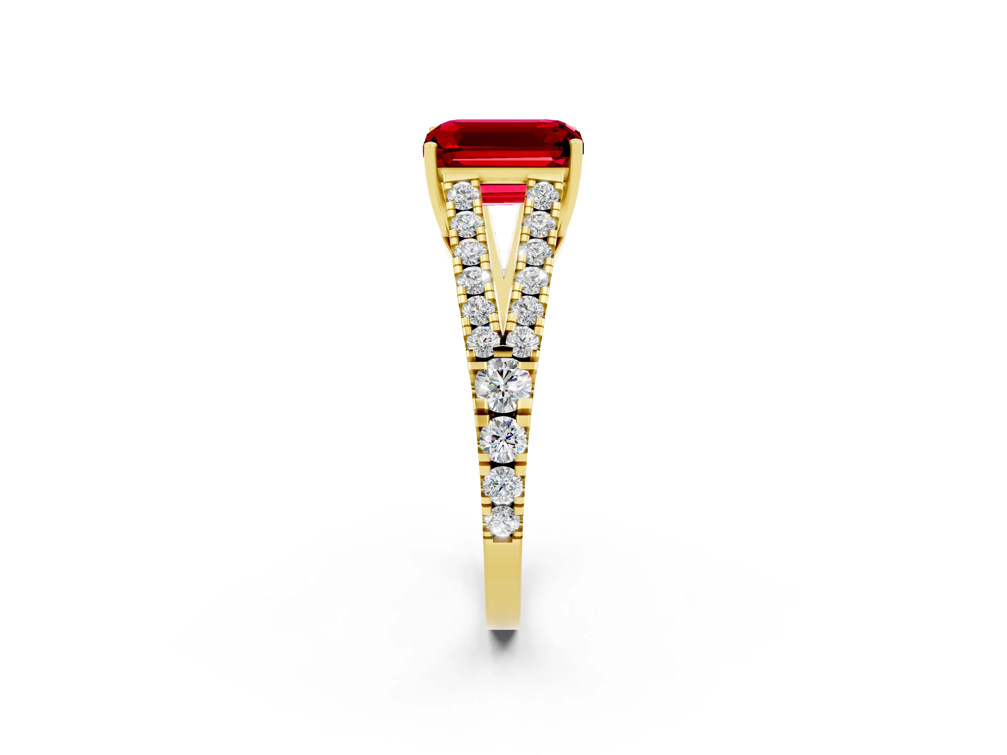 Yellow gold Emerald Cut Ruby Split Shank Pavé Engagement Ring with Four-Prong Setting_14
