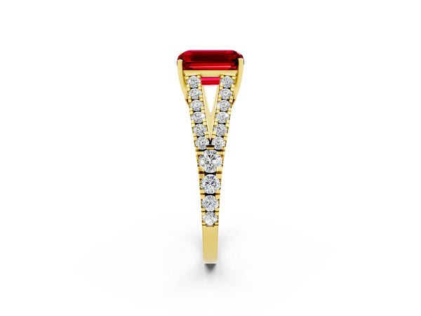 Yellow gold Emerald Cut Ruby Split Shank Pavé Engagement Ring with Four-Prong Setting