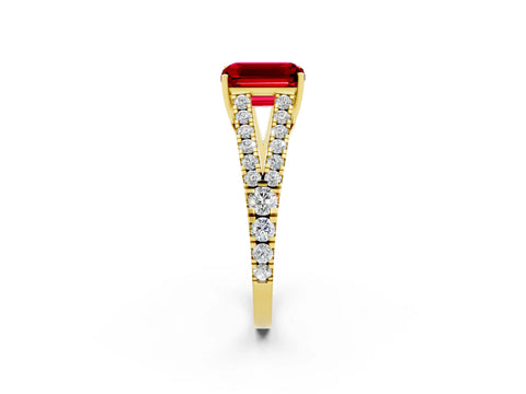 Yellow gold Emerald Cut Ruby Split Shank Pavé Engagement Ring with Four-Prong Setting_14