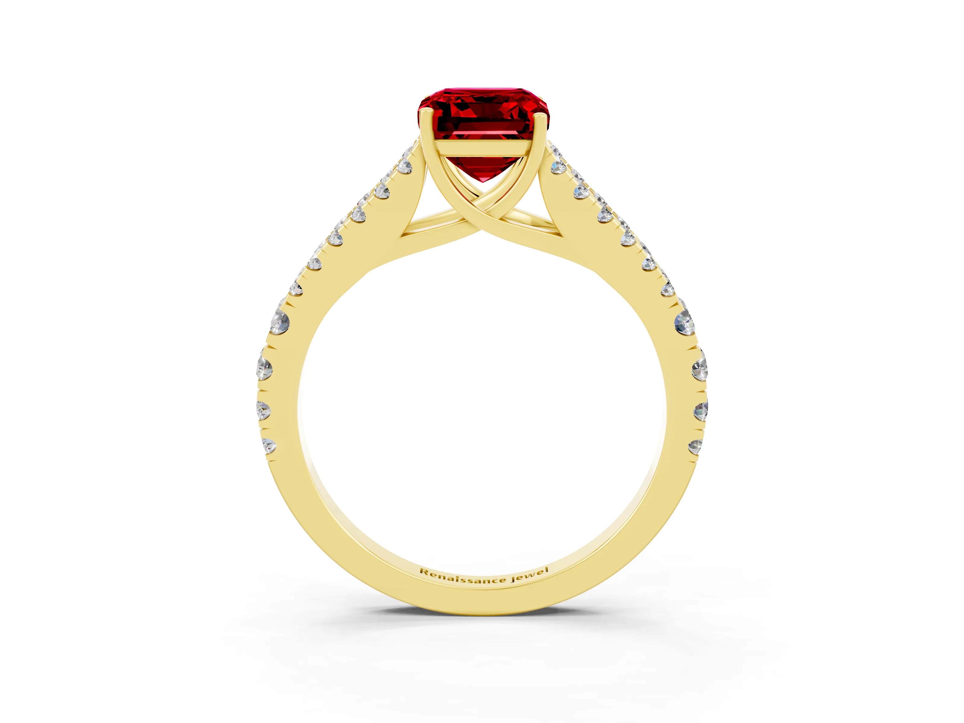 Yellow gold Emerald Cut Ruby Split Shank Pavé Engagement Ring with Four-Prong Setting_15