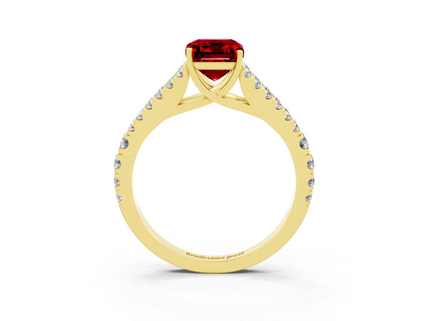 Yellow gold Emerald Cut Ruby Split Shank Pavé Engagement Ring with Four-Prong Setting
