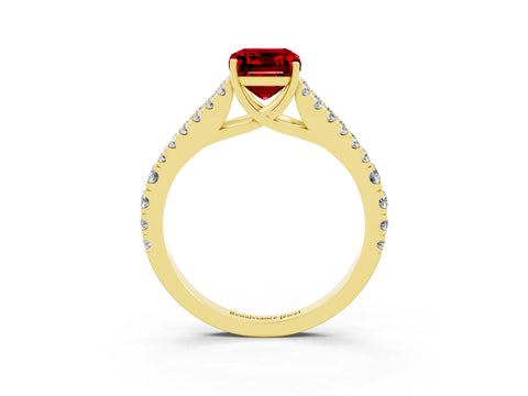 Yellow gold Emerald Cut Ruby Split Shank Pavé Engagement Ring with Four-Prong Setting_15