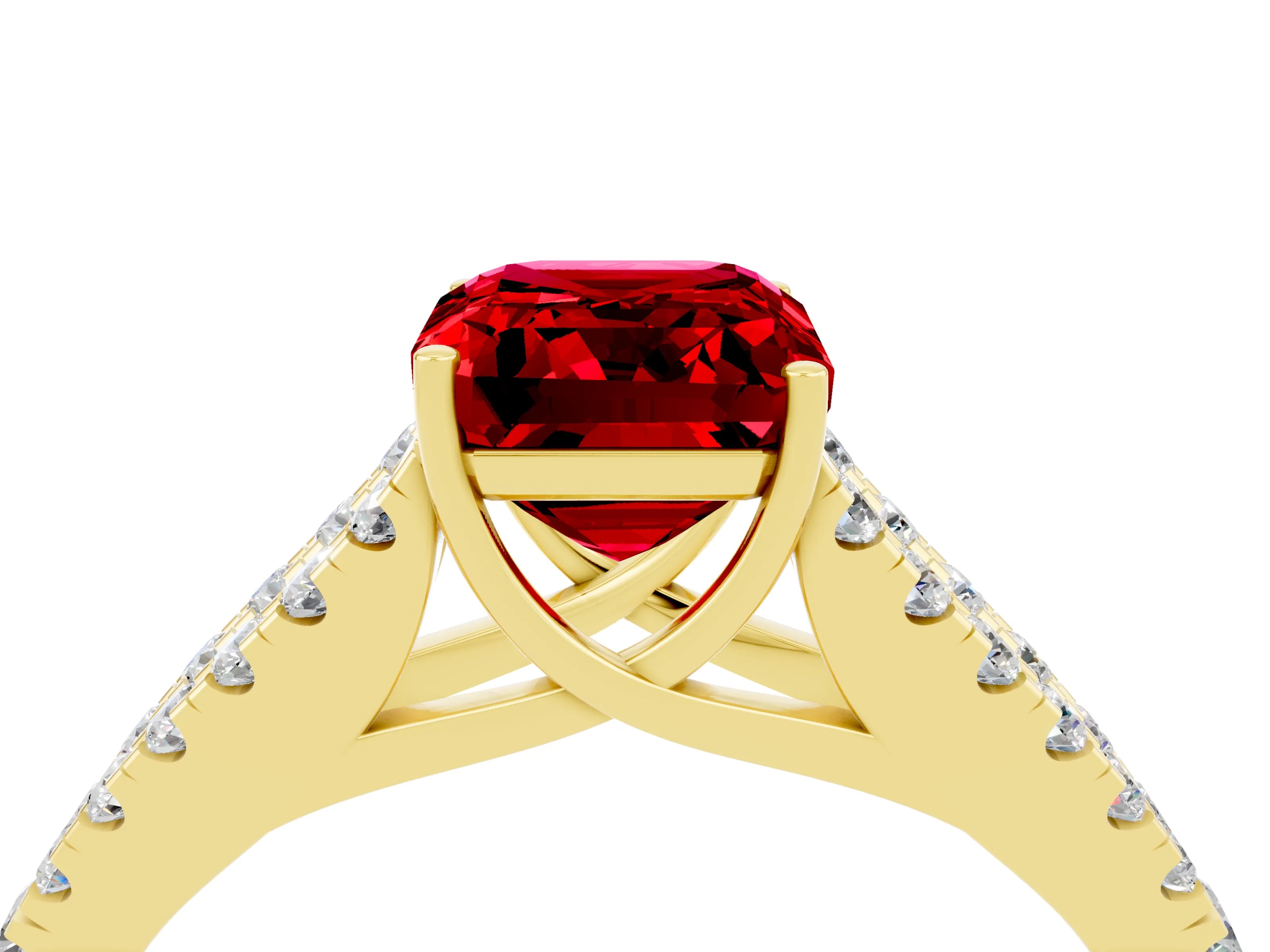 Yellow gold Emerald Cut Ruby Split Shank Pavé Engagement Ring with Four-Prong Setting_16
