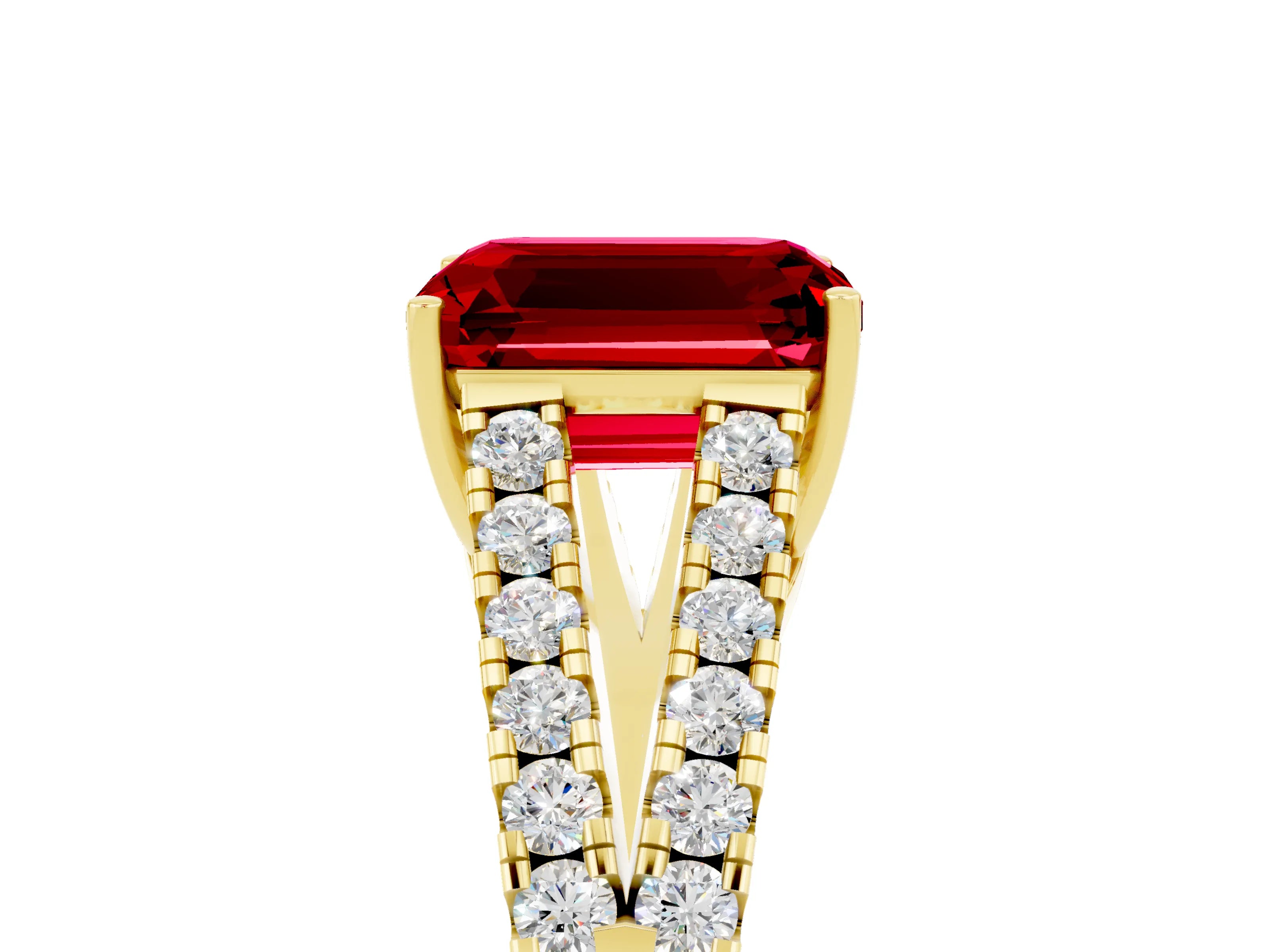 Yellow gold Emerald Cut Ruby Split Shank Pavé Engagement Ring with Four-Prong Setting_17