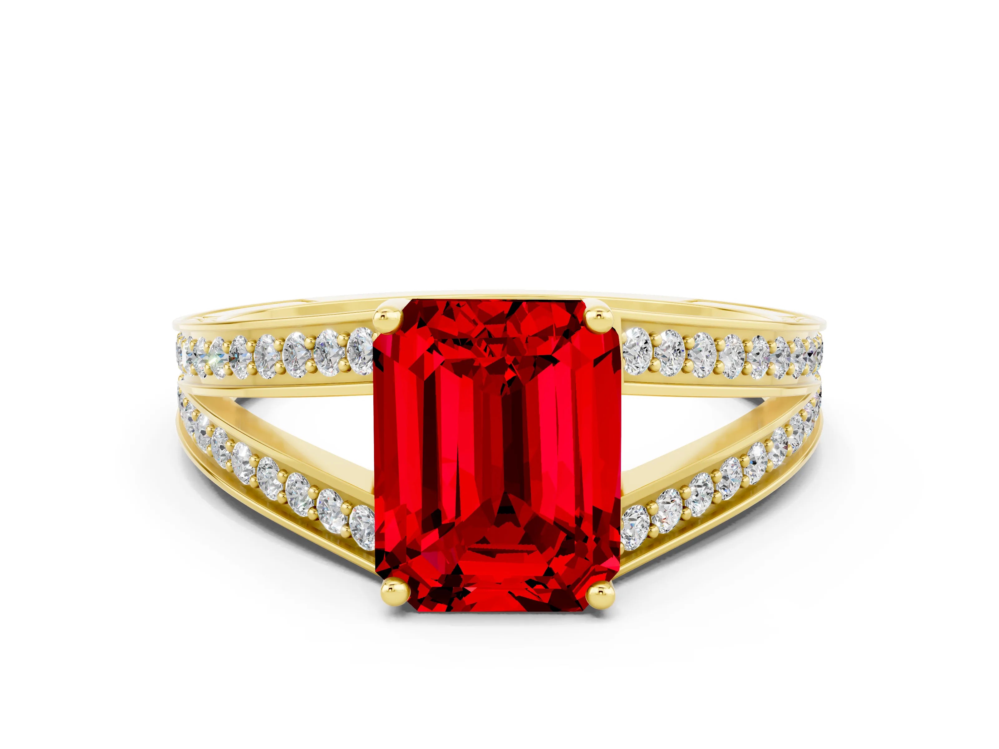 Yellow gold Emerald Cut Ruby Split Shank Ring with Pavé Band and Four-Prong Setting