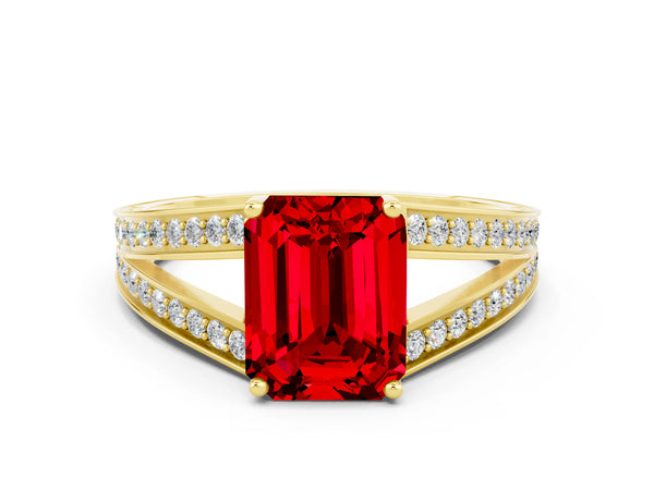 Yellow gold Emerald Cut Ruby Split Shank Ring with Pavé Band and Four-Prong Setting