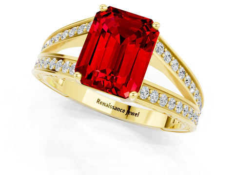 Yellow gold Emerald Cut Ruby Split Shank Ring with Pavé Band and Four-Prong Setting_1