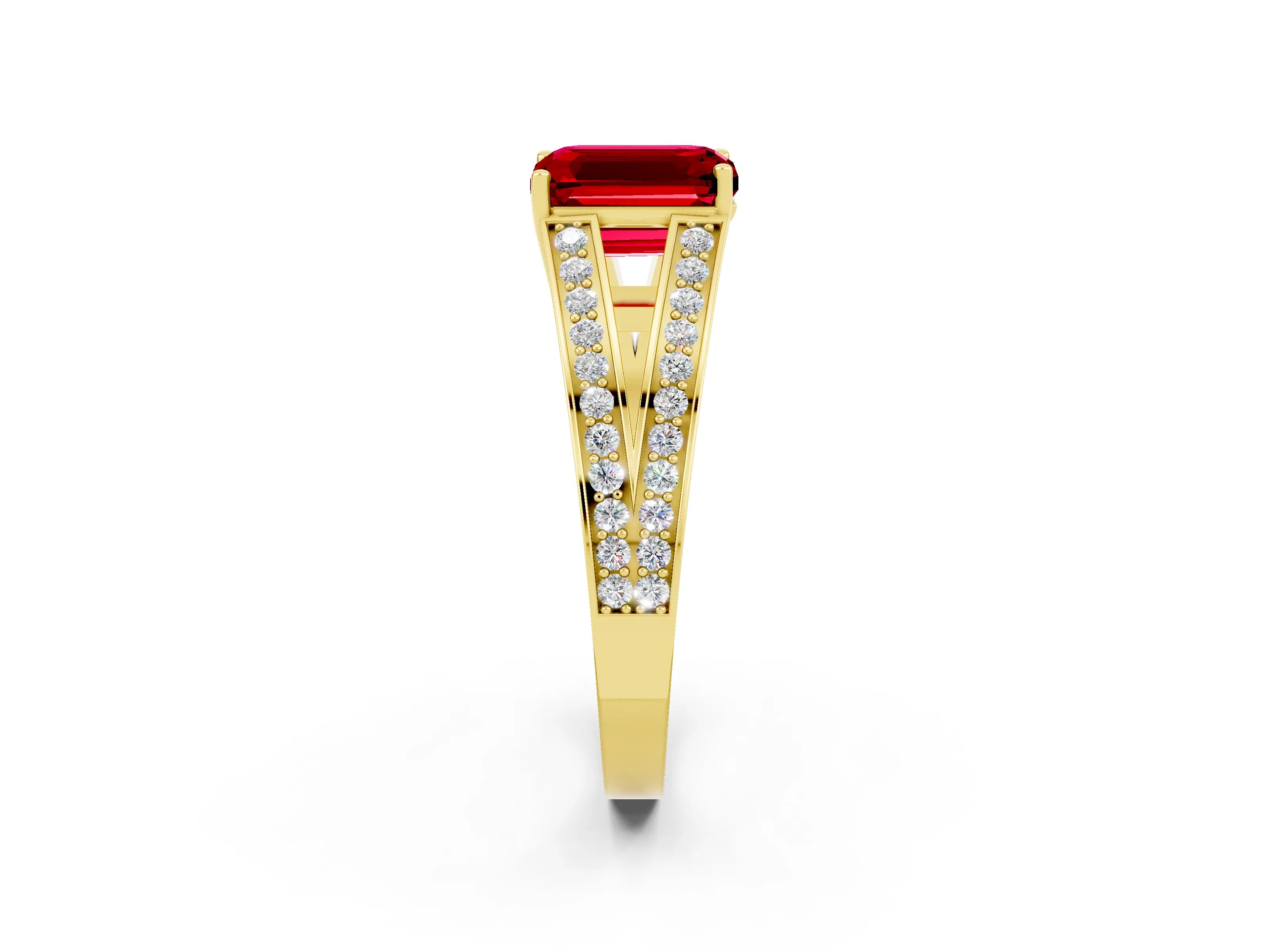 Yellow gold Emerald Cut Ruby Split Shank Ring with Pavé Band and Four-Prong Setting_2