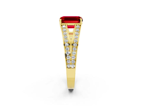 Yellow gold Emerald Cut Ruby Split Shank Ring with Pavé Band and Four-Prong Setting_2