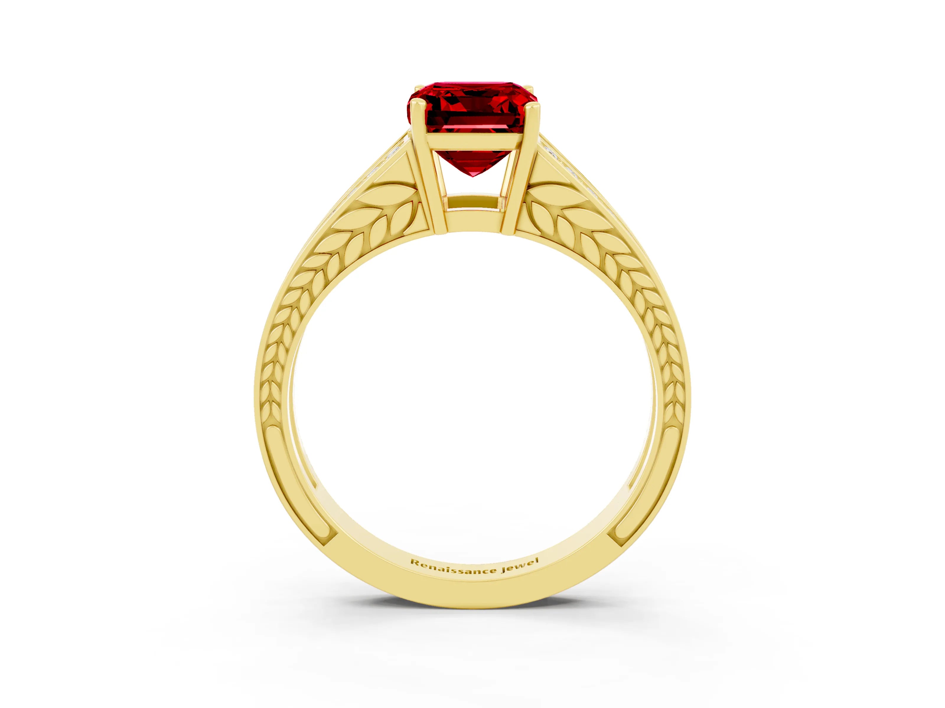 Yellow gold Emerald Cut Ruby Split Shank Ring with Pavé Band and Four-Prong Setting_3