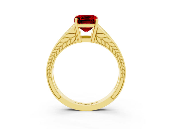 Yellow gold Emerald Cut Ruby Split Shank Ring with Pavé Band and Four-Prong Setting