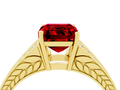 Yellow gold Emerald Cut Ruby Split Shank Ring with Pavé Band and Four-Prong Setting_4