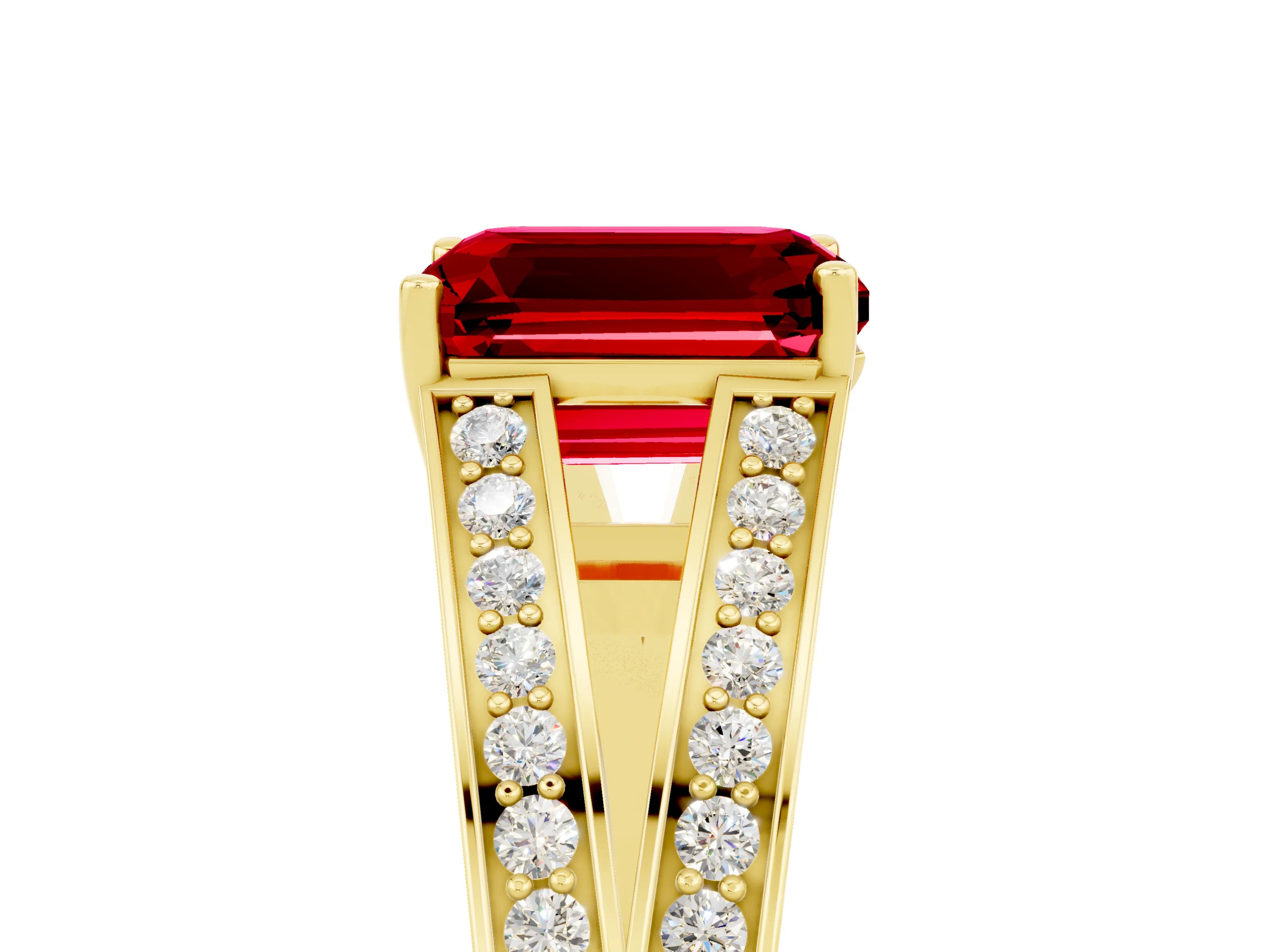Yellow gold Emerald Cut Ruby Split Shank Ring with Pavé Band and Four-Prong Setting_5