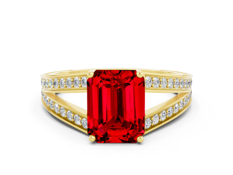 Yellow gold Emerald Cut Ruby Split Shank Ring with Pavé Band and Four-Prong Setting
