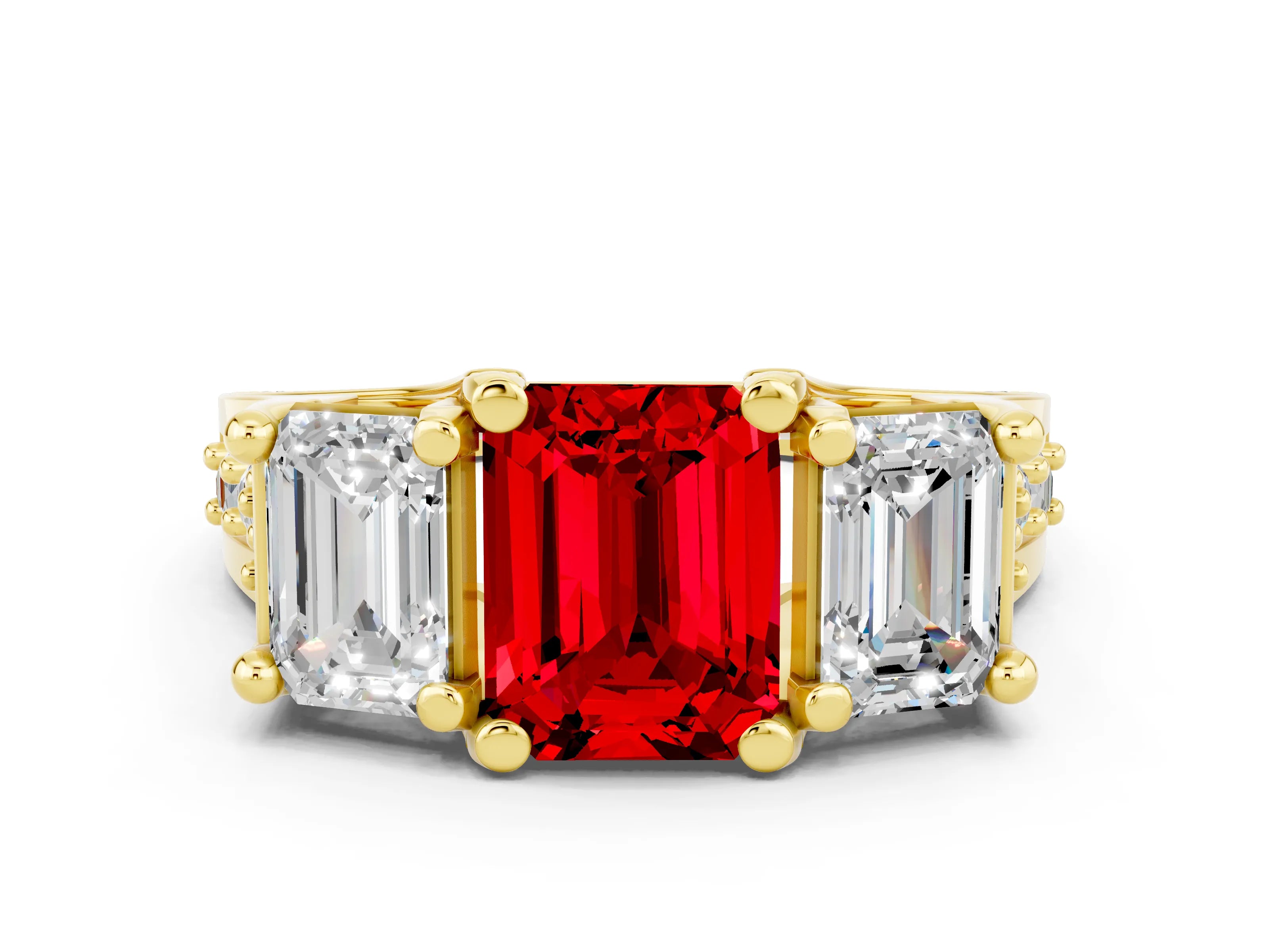 Yellow gold Emerald Cut Ruby Three-Stone Ring with Channel Set Band and Four-Prong Setting
