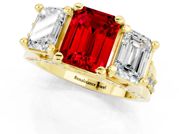 Yellow gold Emerald Cut Ruby Three-Stone Ring with Channel Set Band and Four-Prong Setting