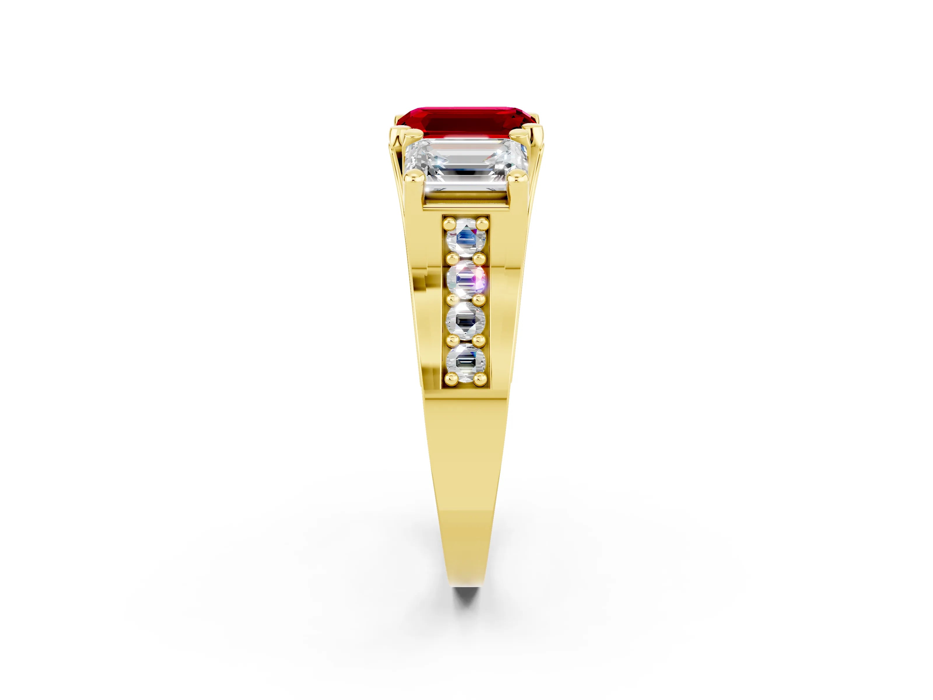 Yellow gold Emerald Cut Ruby Three-Stone Ring with Channel Set Band and Four-Prong Setting_2
