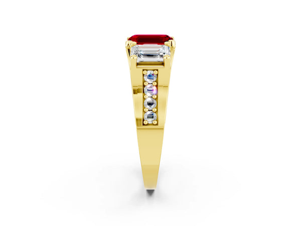 Yellow gold Emerald Cut Ruby Three-Stone Ring with Channel Set Band and Four-Prong Setting
