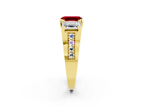 Yellow gold Emerald Cut Ruby Three-Stone Ring with Channel Set Band and Four-Prong Setting_2