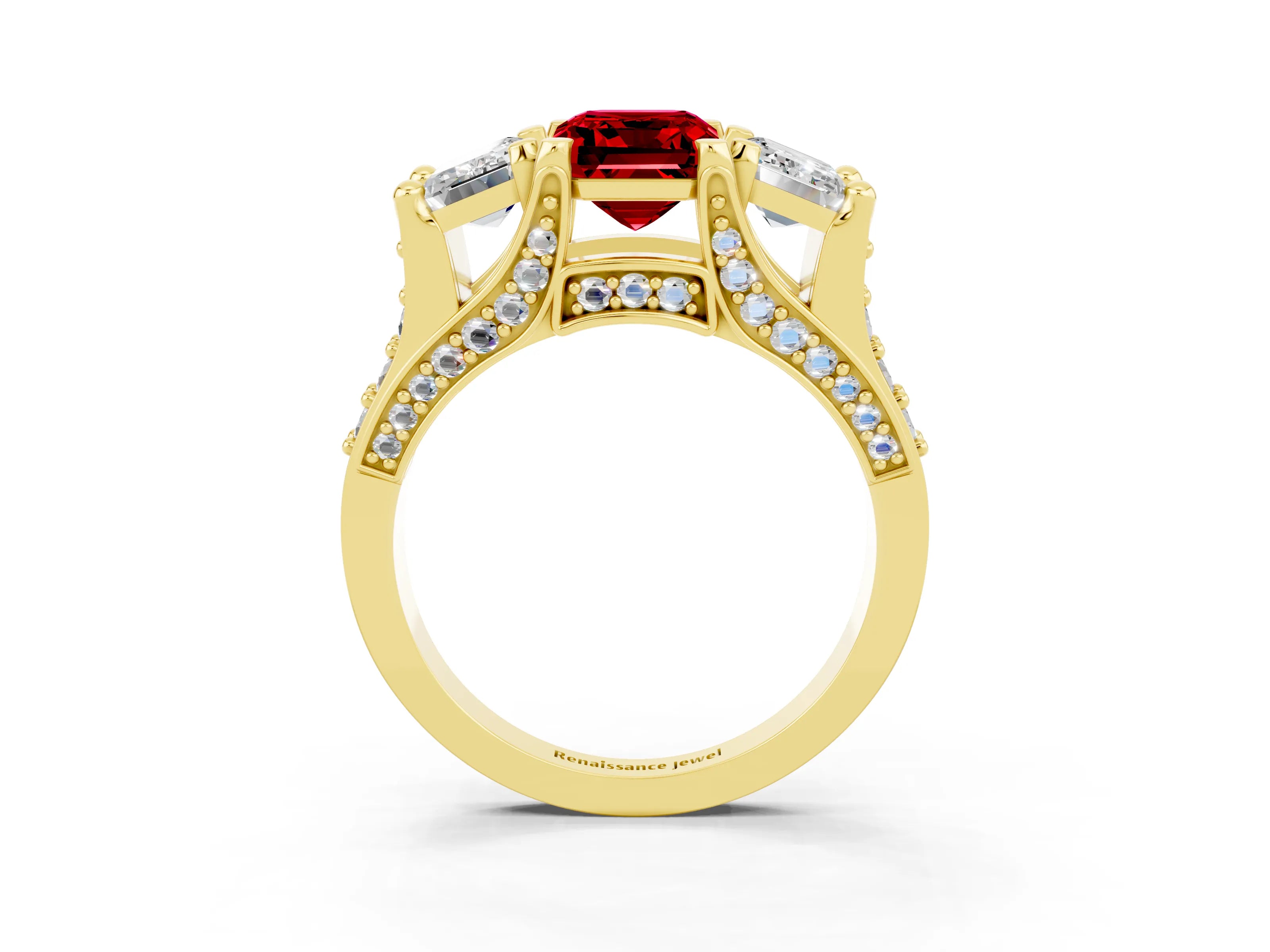 Yellow gold Emerald Cut Ruby Three-Stone Ring with Channel Set Band and Four-Prong Setting_3