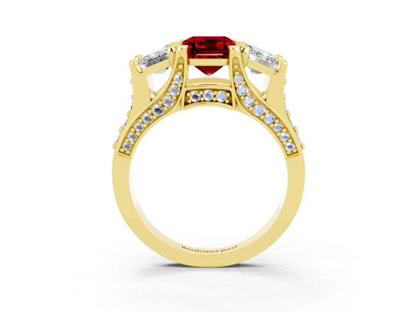 Yellow gold Emerald Cut Ruby Three-Stone Ring with Channel Set Band and Four-Prong Setting
