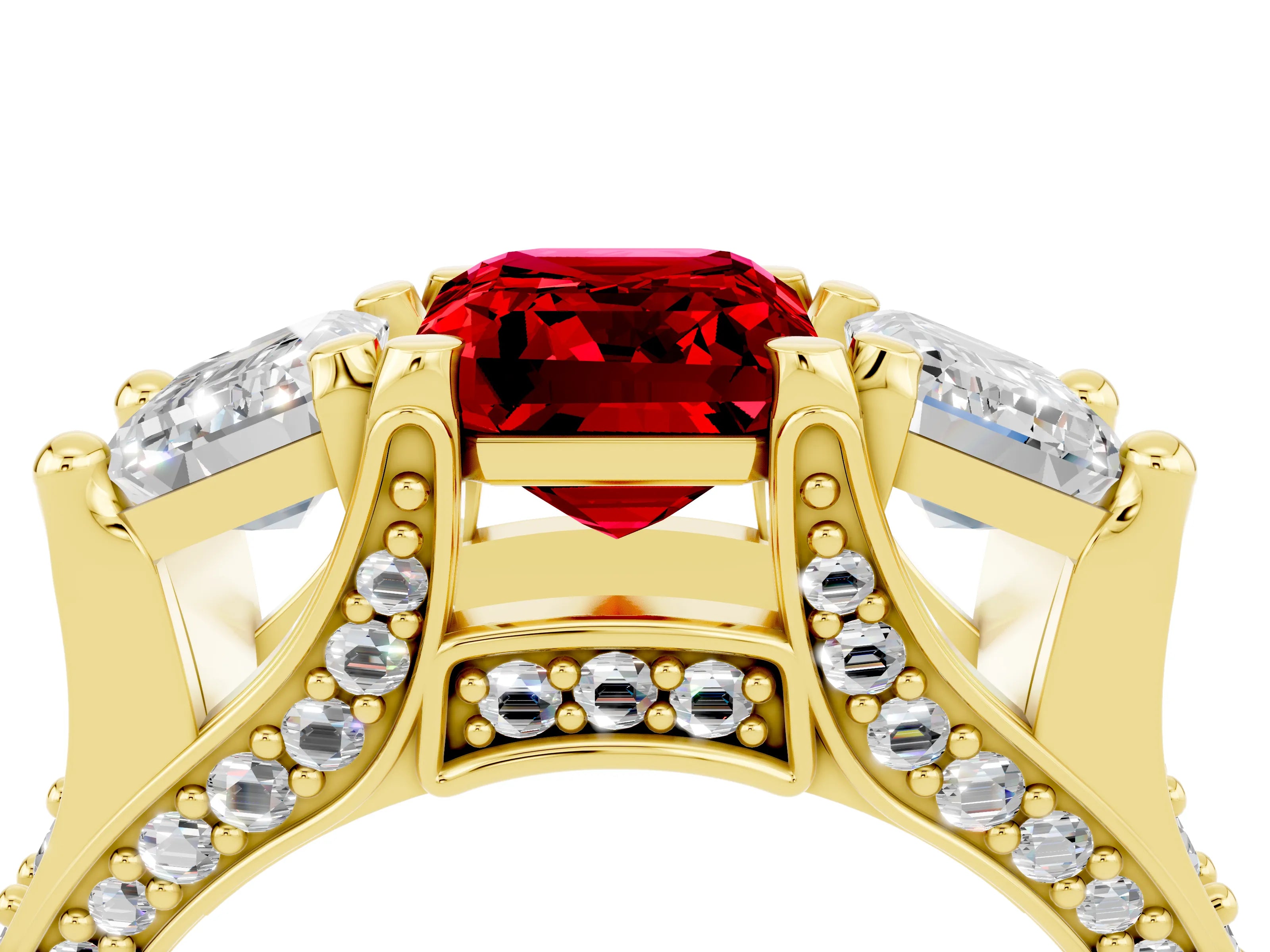 Yellow gold Emerald Cut Ruby Three-Stone Ring with Channel Set Band and Four-Prong Setting_4