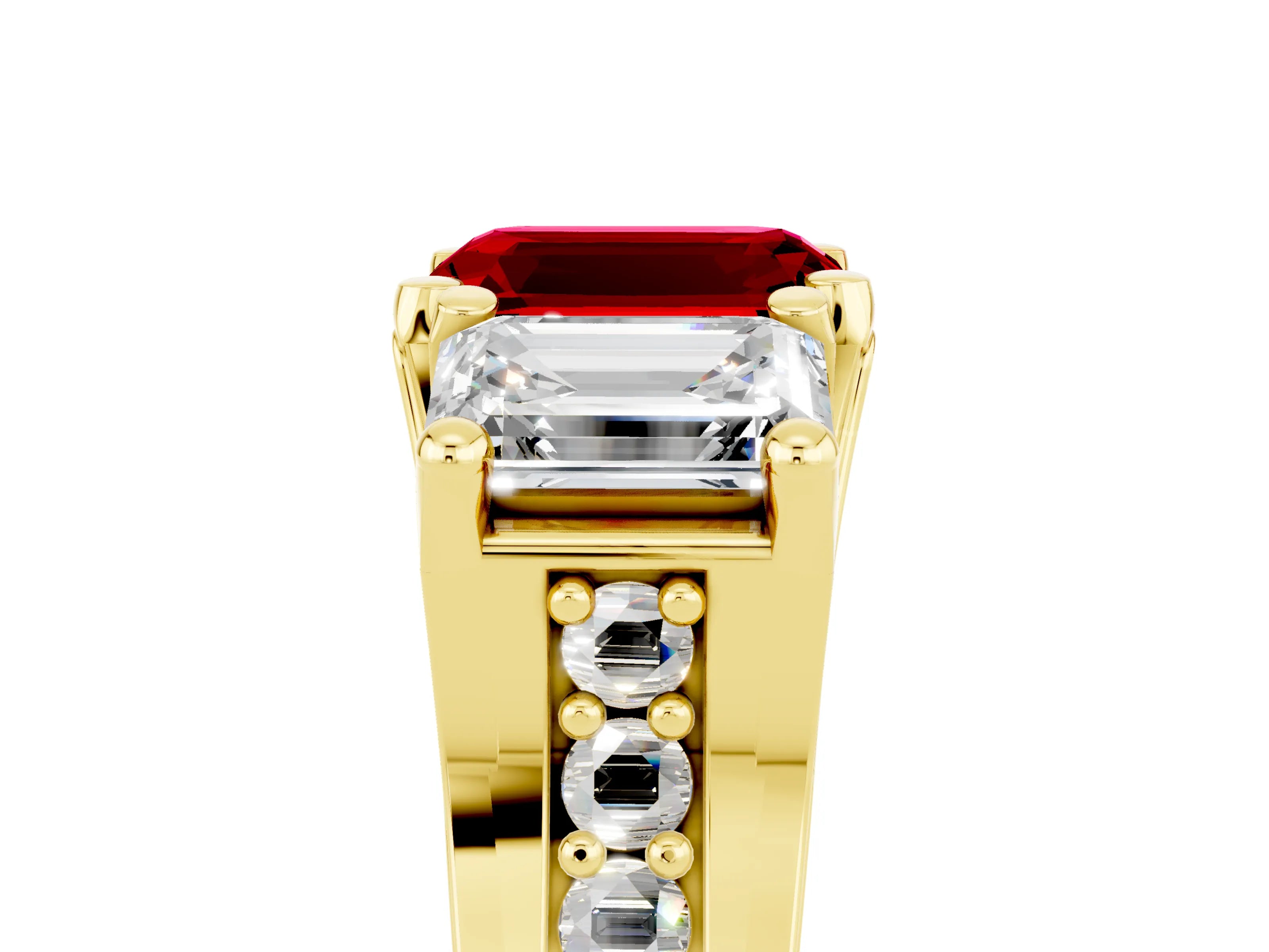 Yellow gold Emerald Cut Ruby Three-Stone Ring with Channel Set Band and Four-Prong Setting_5