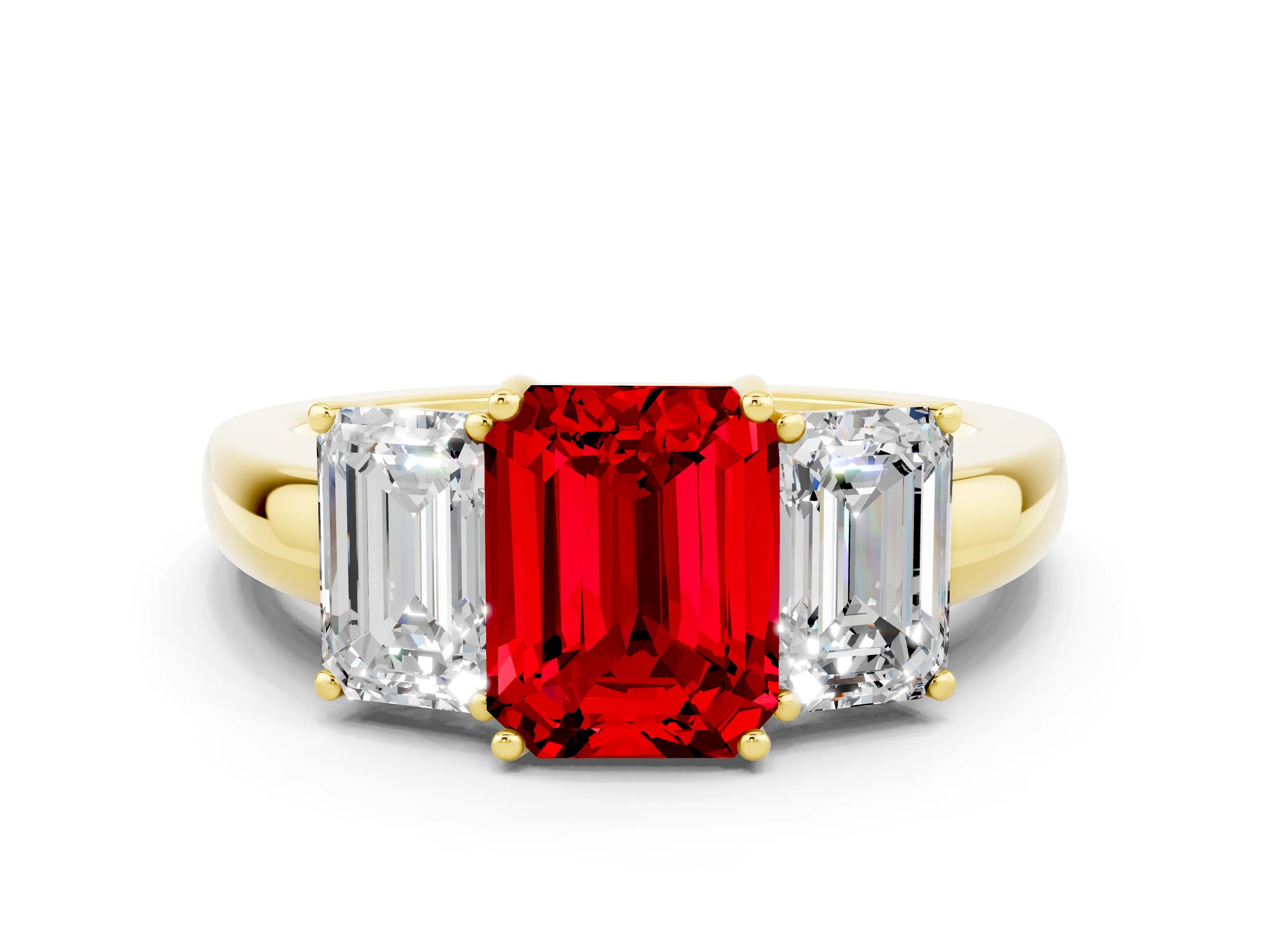 Yellow gold Emerald Cut Ruby Three-Stone Ring with Four-Prong Setting and Classic Band