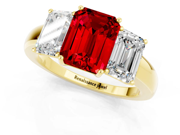 Yellow gold Emerald Cut Ruby Three-Stone Ring with Four-Prong Setting and Classic Band