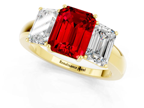 Yellow gold Emerald Cut Ruby Three-Stone Ring with Four-Prong Setting and Classic Band_1