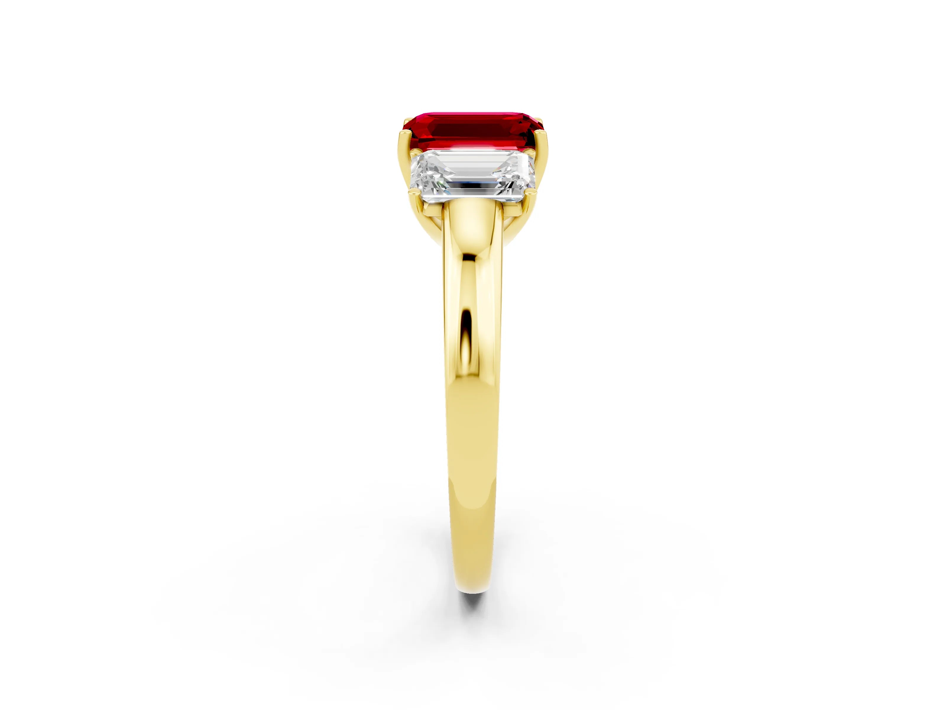 Yellow gold Emerald Cut Ruby Three-Stone Ring with Four-Prong Setting and Classic Band_2