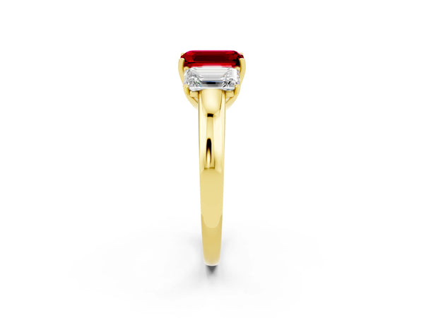 Yellow gold Emerald Cut Ruby Three-Stone Ring with Four-Prong Setting and Classic Band