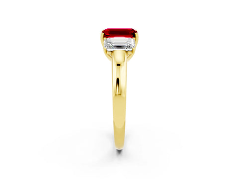 Yellow gold Emerald Cut Ruby Three-Stone Ring with Four-Prong Setting and Classic Band_2