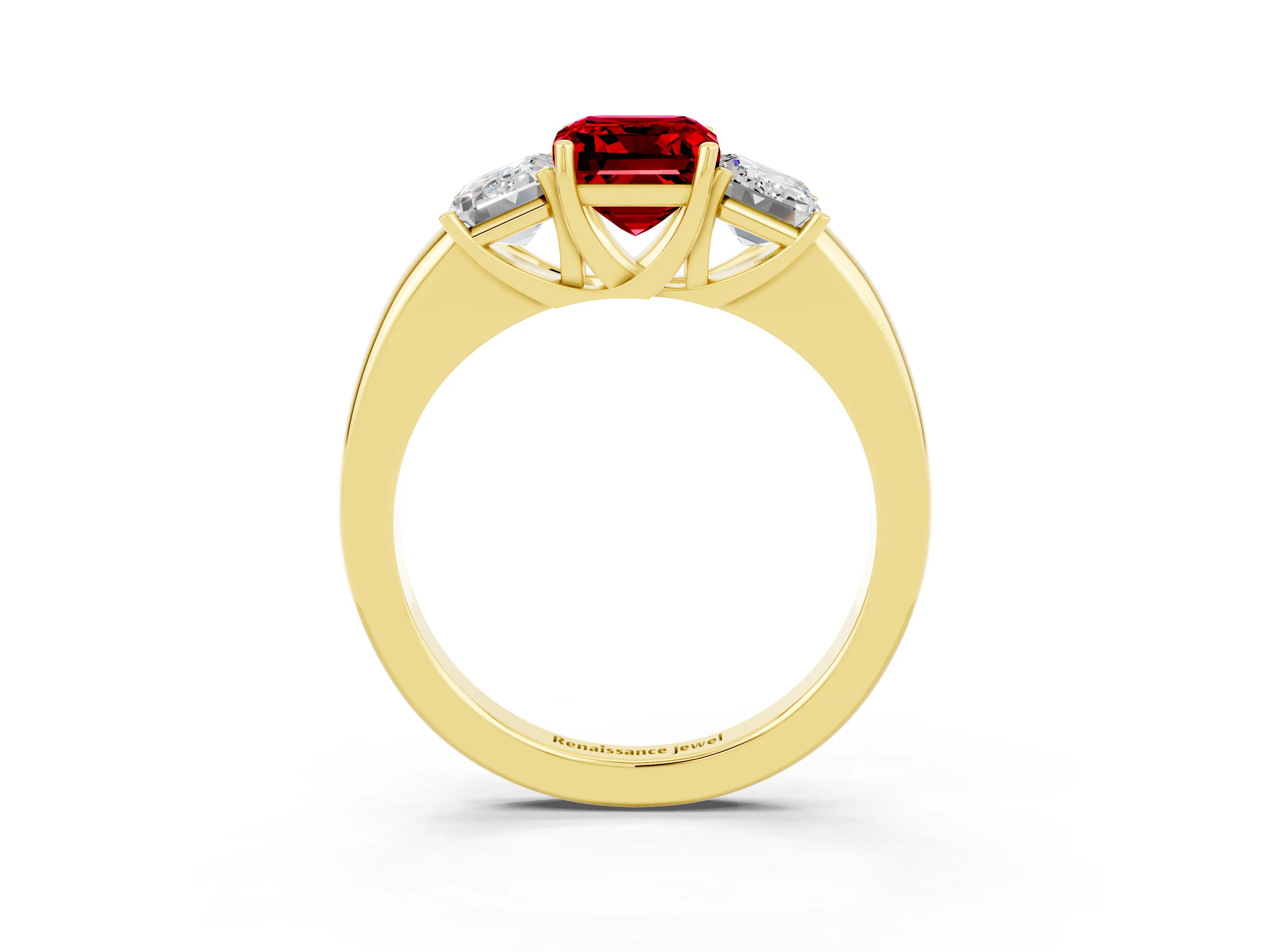 Yellow gold Emerald Cut Ruby Three-Stone Ring with Four-Prong Setting and Classic Band_3