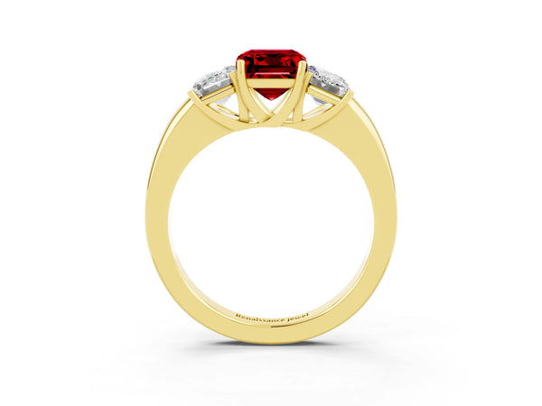 Yellow gold Emerald Cut Ruby Three-Stone Ring with Four-Prong Setting and Classic Band
