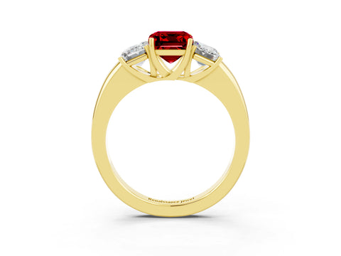 Yellow gold Emerald Cut Ruby Three-Stone Ring with Four-Prong Setting and Classic Band_3