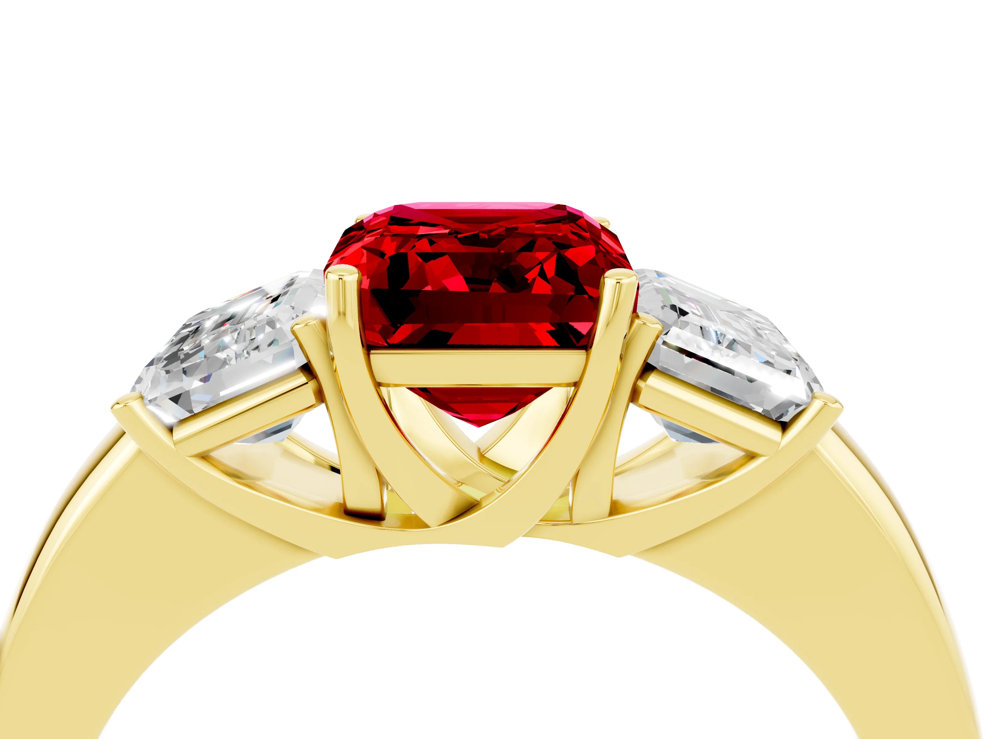 Yellow gold Emerald Cut Ruby Three-Stone Ring with Four-Prong Setting and Classic Band_4
