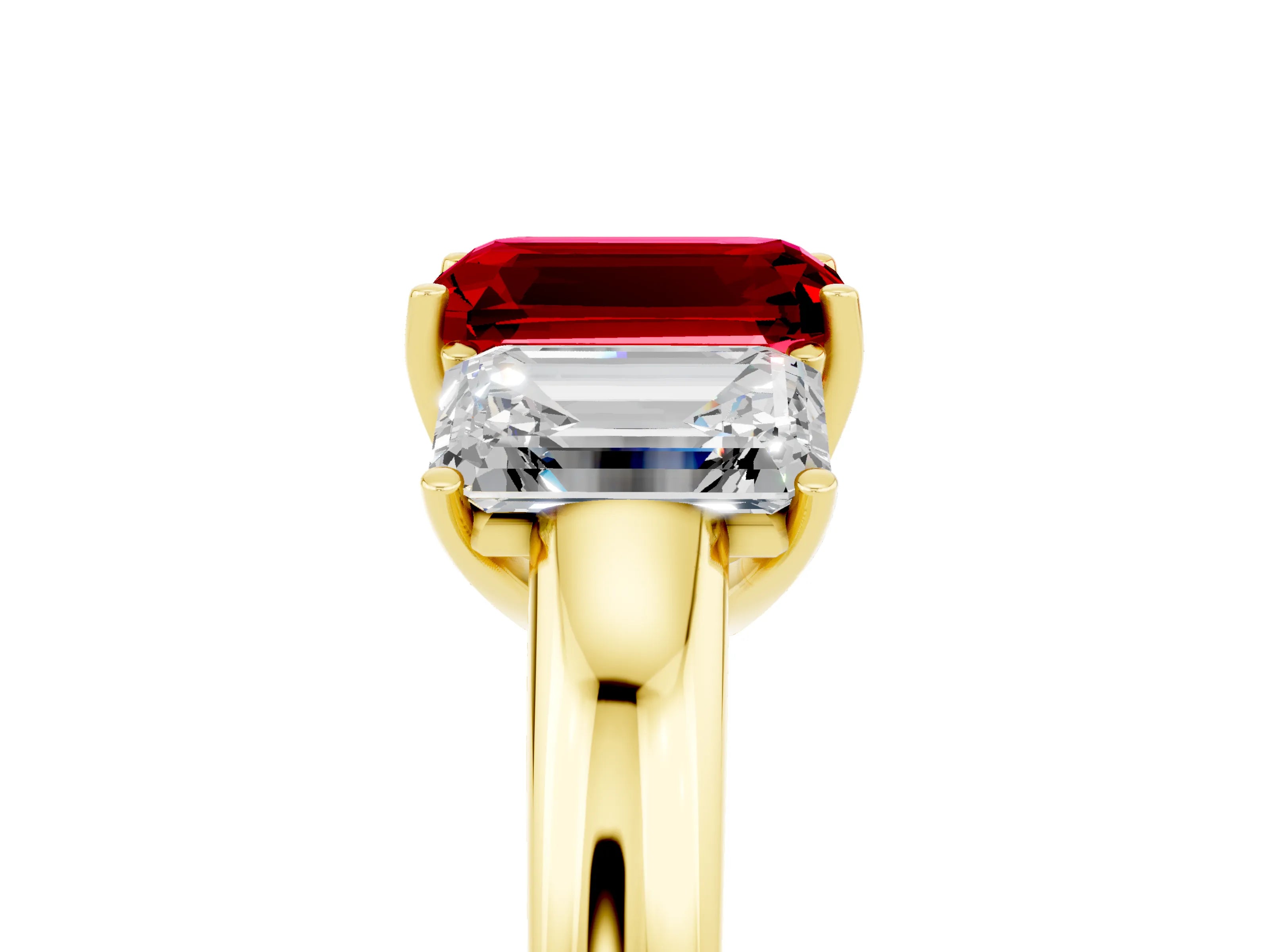 Yellow gold Emerald Cut Ruby Three-Stone Ring with Four-Prong Setting and Classic Band_5