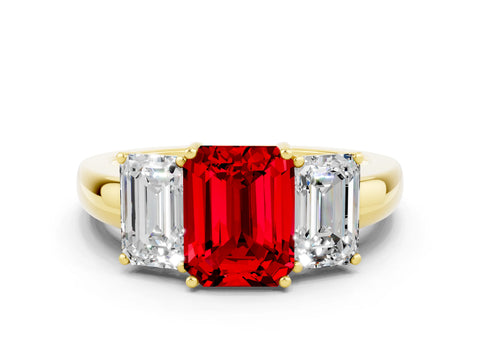 Yellow gold Emerald Cut Ruby Three-Stone Ring with Four-Prong Setting and Classic Band
