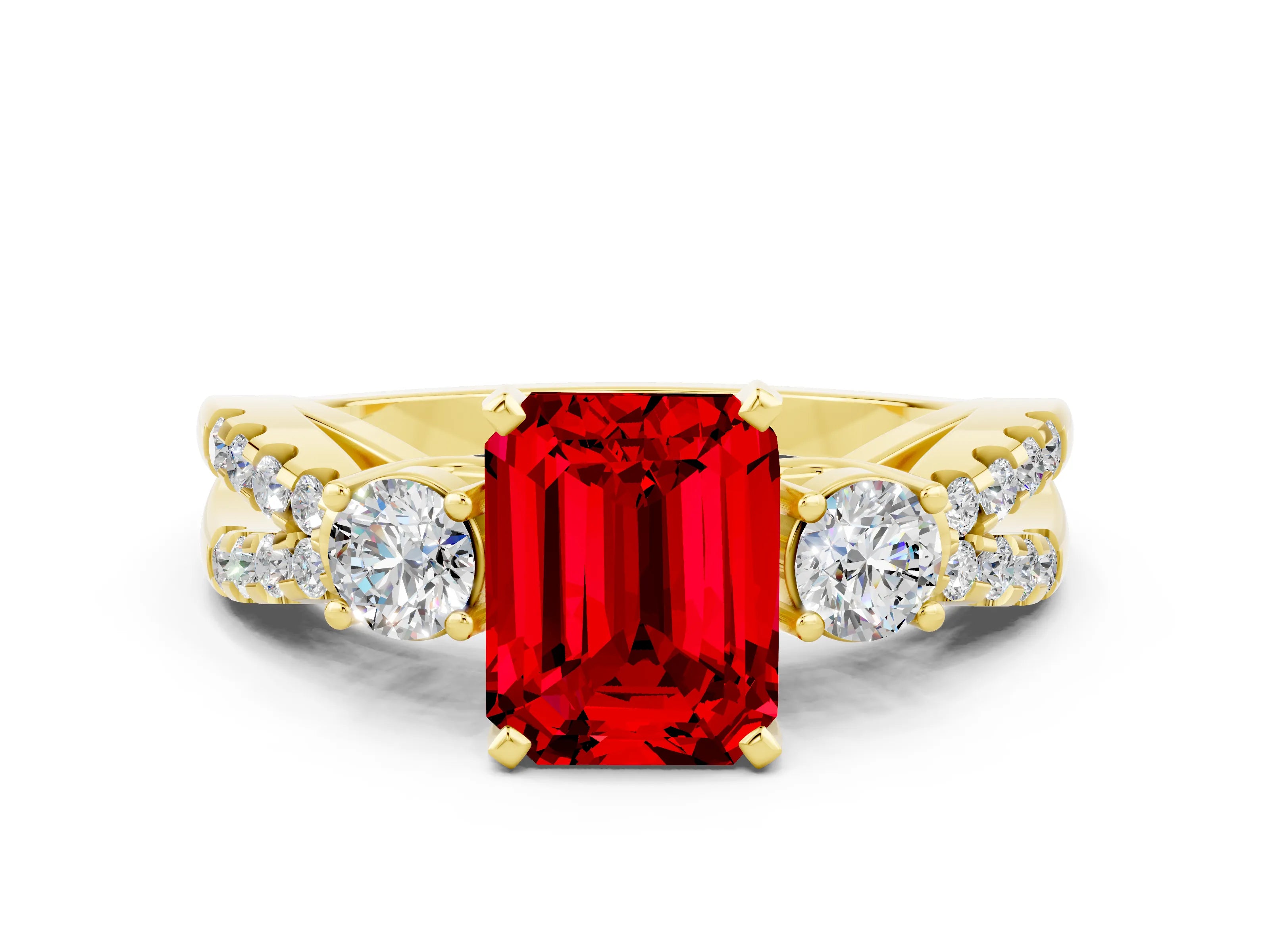 Yellow gold Emerald Cut Ruby Three-Stone Ring with Pavé Split Shank and Four-Prong Setting