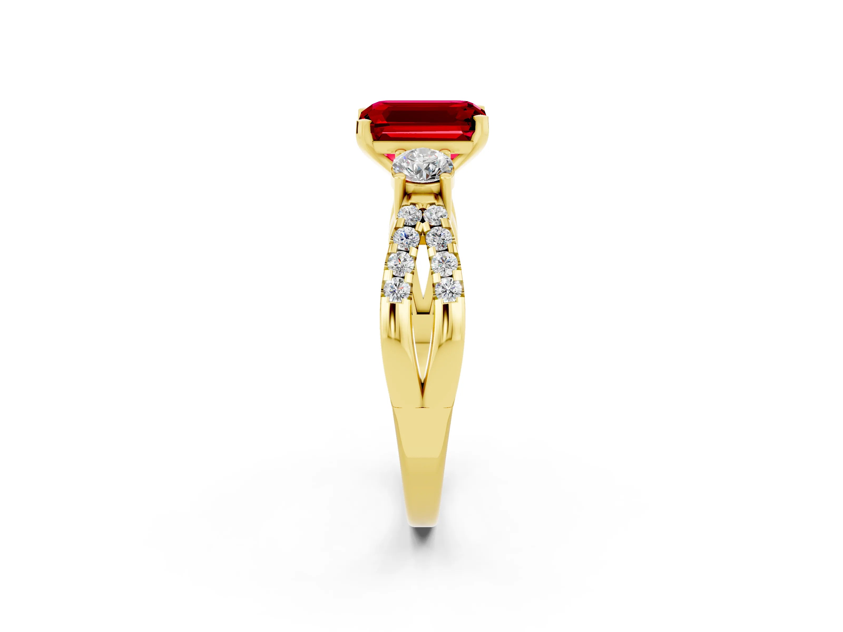 Yellow gold Emerald Cut Ruby Three-Stone Ring with Pavé Split Shank and Four-Prong Setting_2