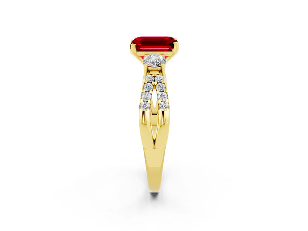 Yellow gold Emerald Cut Ruby Three-Stone Ring with Pavé Split Shank and Four-Prong Setting