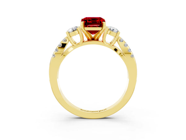 Yellow gold Emerald Cut Ruby Three-Stone Ring with Pavé Split Shank and Four-Prong Setting